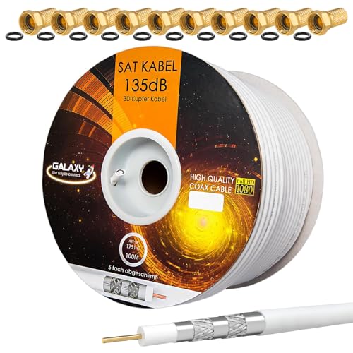 HB-DIGITAL 135dB 100m Koaxial SAT Kabel Reines KU Kupfer Koax Kabel Antennenkabel 5-fach geschirmt für DVB-S / S2 DVB-C und DVB-T BK Anlagen + 10 vergoldete F-Stecker mit Gummiring SET Gratis von HB-DIGITAL
