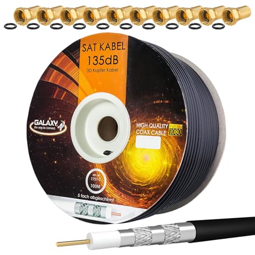 HB-DIGITAL 135dB 100m Koaxial SAT Kabel Reines KU Kupfer Schwarz Koax Kabel Antennenkabel 5-fach geschirmt für DVB-S/S2 DVB-C und DVB-T BK Anlagen + 10 vergoldete F-Stecker mit Gummiring Gratis dazu von HB-DIGITAL