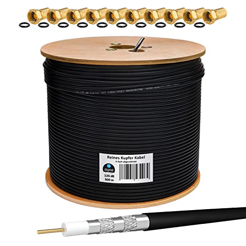 HB-DIGITAL 135dB 500m Koaxial SAT Kabel Reines KU Kupfer Koax Kabel Antennenkabel 5-fach geschirmt Schwarz für DVB-S/S2 DVB-C und DVB-T BK Anlagen + 100 vergoldete F-Stecker mit Gummiring Gratis von HB-DIGITAL