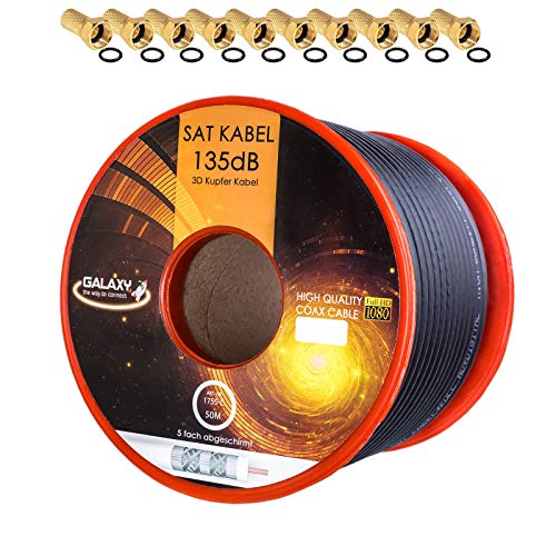 HB-DIGITAL 135dB 50m Koaxial SAT Kabel Reines KU Kupfer Schwarz Koax Kabel Antennenkabel 5-fach geschirmt für DVB-S / S2 DVB-C und DVB-T BK Anlagen + 10 vergoldete F-Stecker mit Gummiring von HB-DIGITAL