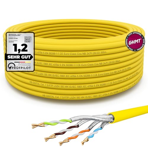 HB-DIGITAL 15m CAT.7 Netzwerkkabel LAN Kabel Verlegekabel AWG 23 Reines Kupfer S/FTP PiMF LSZH Halogenfrei RoHS-Compliant Ethernet Installationskabel Datenkabel PoE 10Gbit/s GHMT Zertifiziert Gelb von HB-DIGITAL