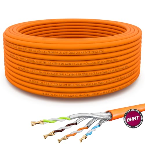 HB-DIGITAL 15m CAT.7 Netzwerkkabel LAN Kabel Verlegekabel AWG 23 Reines Kupfer S/FTP PiMF LSZH Halogenfrei RoHS-Compliant Ethernet Installationskabel Datenkabel PoE 10Gbit/s GHMT Zertifiziert Orange von HB-DIGITAL