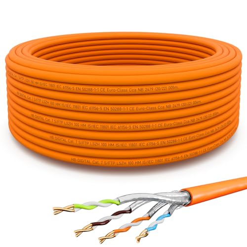 HB-DIGITAL 15m CAT.7 Netzwerkkabel LAN Kabel Verlegekabel AWG 23 Reines Kupfer S/FTP PiMF LSZH Halogenfrei RoHS-Compliant Ethernet Installationskabel Datenkabel PoE 10Gbit/s GHMT Zertifiziert Orange von HB-DIGITAL