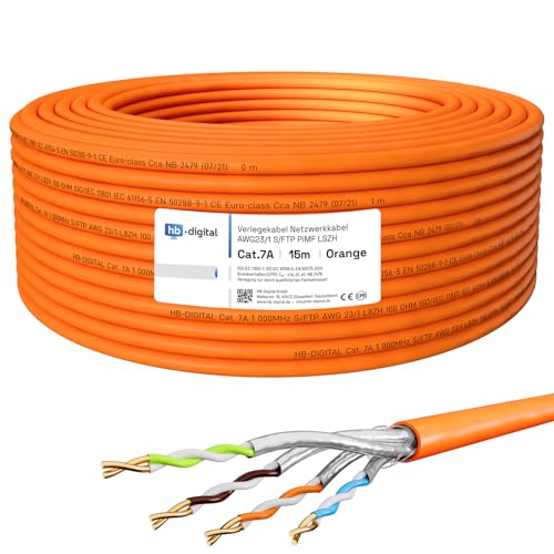 HB-DIGITAL 15m CAT.7a Netzwerkkabel LAN Kabel Verlegekabel AWG 23 Reines Kupfer S/FTP PiMF LSZH Halogenfrei RoHS-Compliant Ethernet Installationskabel Datenkabel PoE 10Gbit/s max. 1200MHz Orange von HB-DIGITAL