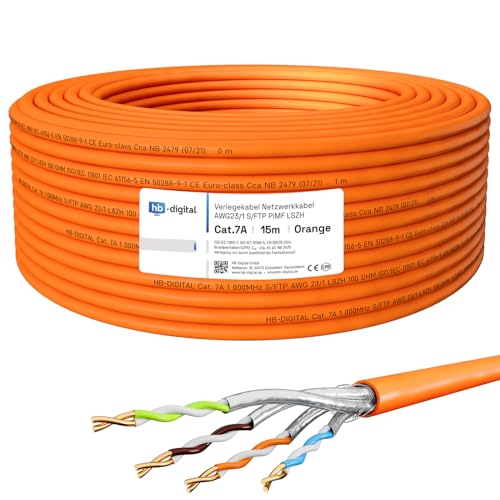 HB-DIGITAL 15m CAT.7a Netzwerkkabel LAN Kabel Verlegekabel AWG 23 Reines Kupfer S/FTP PiMF LSZH Halogenfrei RoHS-Compliant Ethernet Installationskabel Datenkabel PoE 10Gbit/s max. 1200MHz Orange HB-DIGITAL 15m CAT.7a Netzwerkkabel LAN Kabel Verlegekabel AWG 23 Reines Kupfer S/FTP PiMF LSZH Halogenfrei RoHS-Compliant Ethernet Installationskabel Datenkabel PoE 10Gbit/s max. 1200MHz Orange von HB-DIGITAL