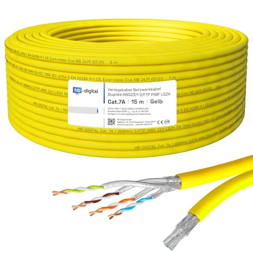 HB-DIGITAL 15m Netzwerkkabel LAN Duplex Verlegekabel Cabel cat.7a max. 1200MHz Reines Kupfer S/FTP PIMF LSZH Halogenfrei RoHS-Compliant AWG23 (2 verbundene Strängen) Gelb von HB-DIGITAL
