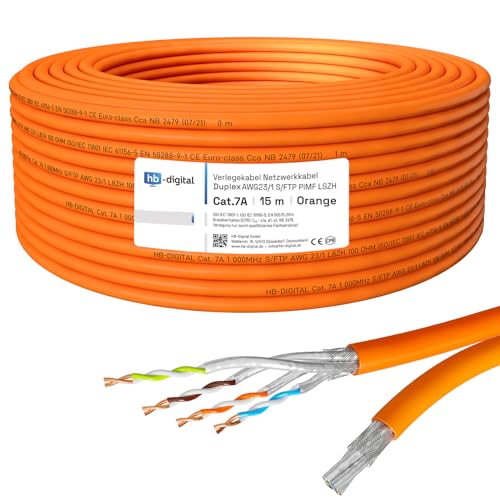 HB-DIGITAL 15m Netzwerkkabel LAN Duplex Verlegekabel Cabel cat.7a max. 1200MHz Reines Kupfer S/FTP PIMF LSZH Halogenfrei RoHS-Compliant AWG23 (2 verbundene Strängen) Orange von HB-DIGITAL
