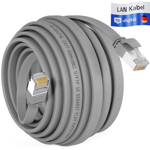 HB-DIGITAL 15m Patchkabel CAT.7 Rohkabel LAN Flach U/FTP Netzwerkkabel 2X RJ45 Stecker Kupfer Profi Slim flexibel 10 Gbits Ethernet Port Internet-Cable PC Router Switch TV Konsole grau von HB-DIGITAL