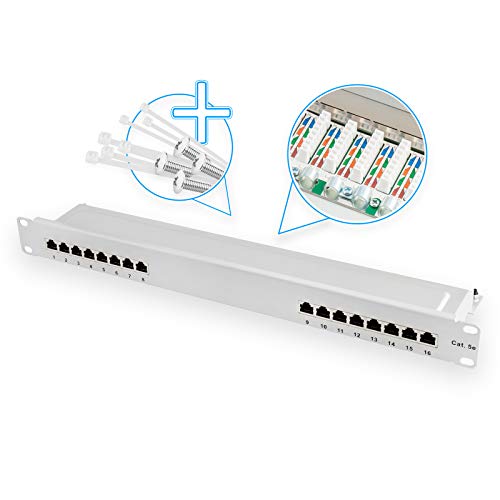 HB-DIGITAL 16-Port Cat 5e LSA Patchpanel, geschirmt, Hellgrau Verteilerfeld Cat.5e (100 MHz) 19 Zoll Rackeinbau Servermontage 1HE 16x RJ45 Buchse Professional, TIA568A oder TIA568B Erdungskabel von HB-DIGITAL