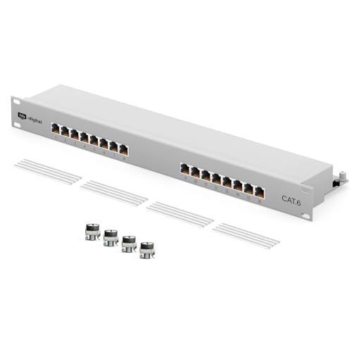 HB-DIGITAL 16-Port Cat 6 LSA Patchpanel, geschirmt, Weiß Verteilerfeld Cat.6 (250 MHz) 19 Zoll Rackeinbau Servermontage 1HE 16x RJ45 Buchse Professional, TIA568A oder TIA568B Erdungskabel von HB-DIGITAL