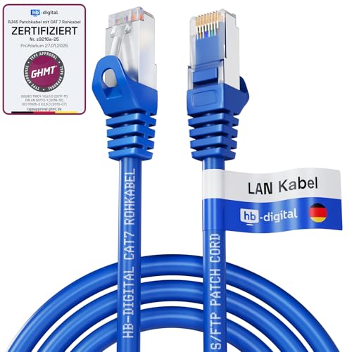 HB-DIGITAL 1m Patchkabel CAT.7 Rohkabel mit 2x RJ45-Stecker LAN Netzwerkkabel 10 Gigabit S/FTP PiMF Kupfer LSZH Halogenfrei RoHS-Compliant Ethernet Port Internet DSL PC Router Switch Modem Blau von HB-DIGITAL