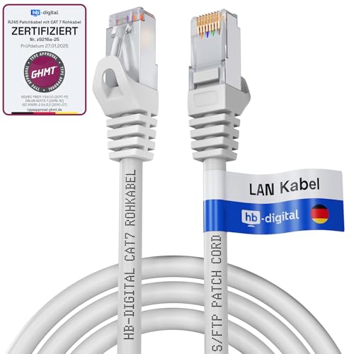 HB-DIGITAL 1m Patchkabel CAT.7 Rohkabel mit 2x RJ45-Stecker LAN Netzwerkkabel 10 Gigabit S/FTP PiMF Kupfer LSZH Halogenfrei RoHS-Compliant Ethernet Port Internet DSL PC Router Switch Modem Weiß von HB-DIGITAL