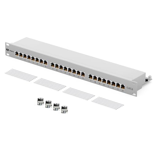 HB-DIGITAL 24-Port Cat 6 LSA Patchpanel, geschirmt, Weiß Verteilerfeld Cat.6 (250 MHz) 19 Zoll Rackeinbau Servermontage 1HE 24x RJ45 Buchse Professional, TIA568A oder TIA568B Erdungskabel von HB-DIGITAL