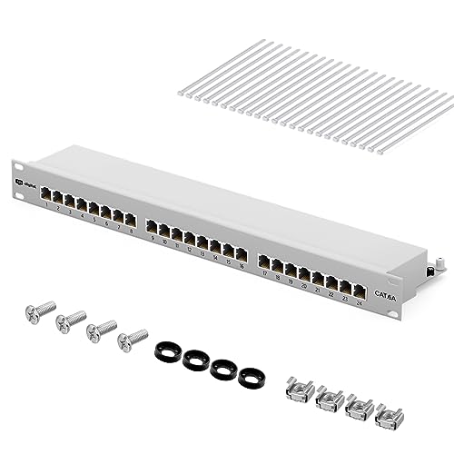 HB-DIGITAL 24-Port Cat 6a LSA Patchpanel, geschirmt, Weiß Verteilerfeld Cat.6a (500 MHz) 19 Zoll Rackeinbau Servermontage 1HE 24x RJ45 Buchse Professional, TIA568A oder TIA568B Erdungskabel von HB-DIGITAL