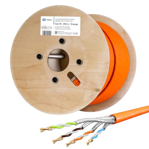 HB-DIGITAL 250m CAT.7a Netzwerkkabel LAN Kabel Verlegekabel AWG 23 Reines Kupfer S/FTP PiMF LSZH Halogenfrei RoHS-Compliant Ethernet Installationskabel Datenkabel PoE 10Gbit/s max. 1200MHz Orange von HB-DIGITAL