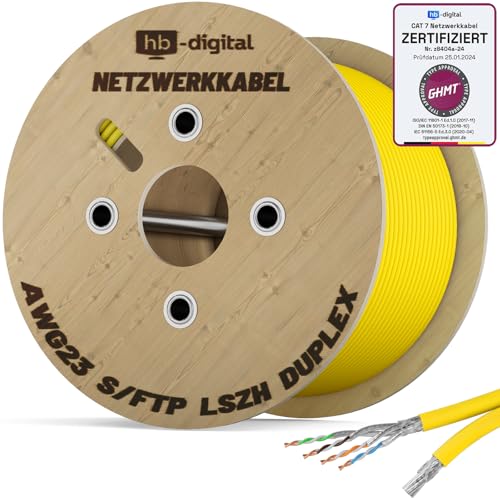 HB-DIGITAL 250m Netzwerkkabel LAN Duplex Verlegekabel Cabel cat.7 max. 1000MHz Reines Kupfer S/FTP PIMF LSZH Halogenfrei gelb RoHS-Compliant AWG23 (2 verbundene Strängen) GHMT Zertifiziert von HB-DIGITAL