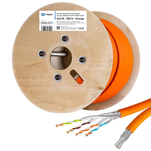 HB-DIGITAL 250m Netzwerkkabel LAN Duplex Verlegekabel Cabel cat.7a max. 1200MHz Reines Kupfer S/FTP PIMF LSZH Halogenfrei RoHS-Compliant AWG23 (2 verbundene Strängen) Orange von HB-DIGITAL