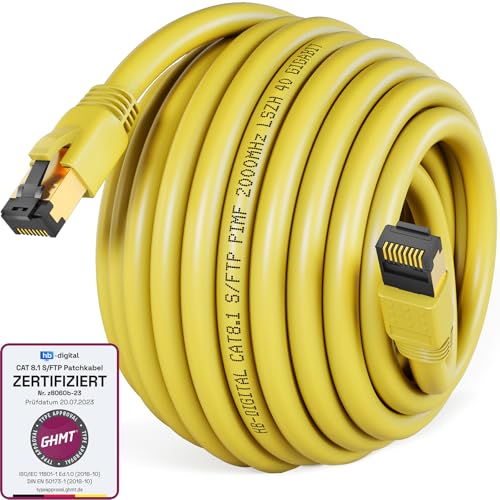 HB-DIGITAL 25m CAT 8 LAN Kabel Netzwerkkabel Patchkabel AWG 24 S/FTP LSZH 40Gbps 2000MHz - GHMT Zertifiziert - reines Kupfer mit vergoldete RJ45 Stecker für Switch, Router, Modem, PC - Gelb von HB-DIGITAL