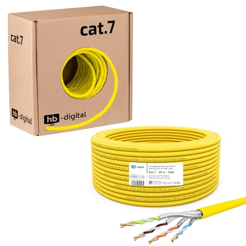 HB-DIGITAL 25m CAT.7 Netzwerkkabel LAN Kabel Verlegekabel AWG 23 Reines Kupfer S/FTP PiMF LSZH Halogenfrei RoHS-Compliant Ethernet Installationskabel Datenkabel PoE 10Gbit/s GHMT Zertifiziert Gelb von HB-DIGITAL