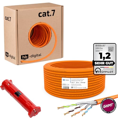 HB-DIGITAL 25m CAT.7 Netzwerkkabel LAN Kabel Verlegekabel AWG23 Reines Kupfer S/FTP PiMF LSZH Halogenfrei RoHS-Compliant Ethernet Installationskabel Datenkabel PoE 10Gbit/s max. 1000MHz + Abisolierer von HB-DIGITAL