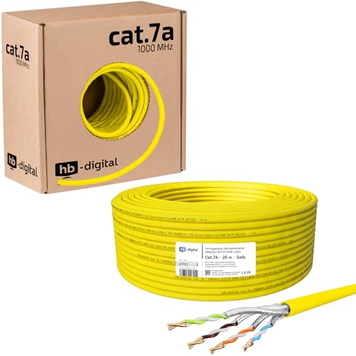 HB-DIGITAL 25m CAT.7a Netzwerkkabel LAN Kabel Verlegekabel AWG 23 Reines Kupfer S/FTP PiMF LSZH Halogenfrei RoHS-Compliant Ethernet Installationskabel Datenkabel PoE 10Gbit/s max. 1200MHz Gelb von HB-DIGITAL