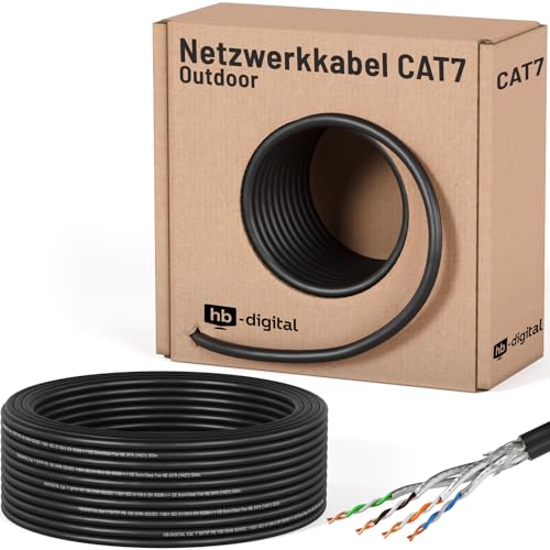 HB-DIGITAL 25m CAT 7 Netzwerkkabel Outdoor LAN Kabel Verlegekabel S/FTP AWG23 doppelt geschirmt PiMF reines Kupfer max 10Gbit/s Netzwerk Installation Ethernet Datenkabel für Außenbereich - Schwarz von HB-DIGITAL