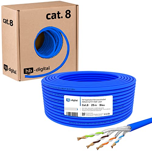 HB-DIGITAL 25m Cat 8.1 Netzwerkkabel Verlegekabel Installationskabel Datenkabel Ethernet LAN Kabel Cat.8 bis zu 40 Gbit/s Kupfer S/FTP 2000 MHz PIMF LSZH Cat8 Halogenfrei RoHS-Compliant AWG 22/1 blau von HB-DIGITAL
