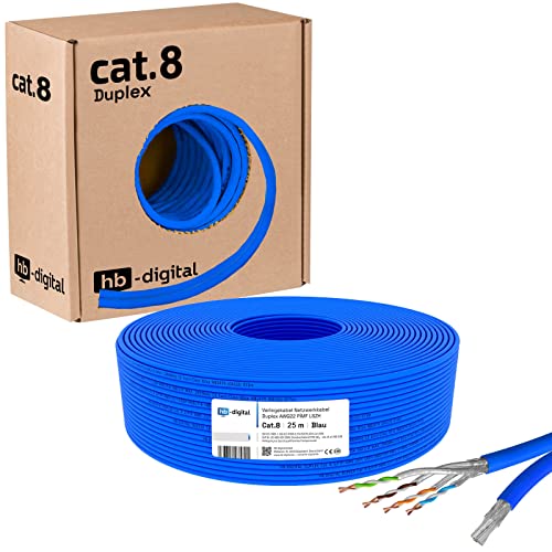 HB-DIGITAL 25m DUPLEX Cat 8.1 Netzwerkkabel Verlegekabel Installationskabel Datenkabel Ethernet LAN Cat.8 40 Gbit/s Kupfer S/FTP 2000 MHz PIMF LSZH Cat8 Halogenfrei RoHS-Compliant AWG 22/1 blau von HB-DIGITAL