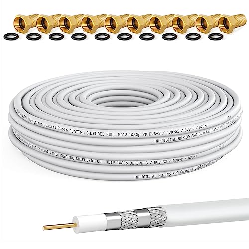 HB-DIGITAL 25m Koaxialkabel HQ-135 Antennenkabel 135dB SAT Kabel 8K 4K UHD 4-Fach geschirmt für DVB-S / S2 DVB-C / C2 DVB-T / T2 DAB+ Radio BK Anlagen + 10 F-Stecker GRATIS von HB-DIGITAL
