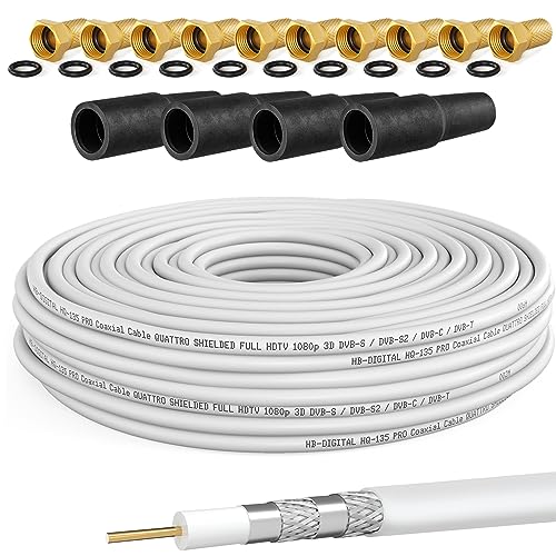 HB-DIGITAL 30m Koaxialkabel SAT HQ135 PRO inkl. 4X Gummitüllen + 10X F-Stecker vergoldet GRATIS dazu | Satellit Antennenkabel 4-Fach geschirmt | für DVB-S/S2 DVB-C/C2 DVB-T/T2 DAB+ Radio BK Anlagen von HB-DIGITAL
