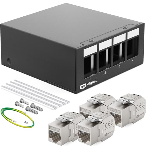 HB-DIGITAL 4-Port Patchpanel Patchfeld Verteilerfeld 1 HE 4x CAT 7 RJ45 Keystone Jack Modul vollgeschirmt STP 10 Gbps Kompatibel mit Verlegekabel Netzwerkkabel Ethernet LAN - Schwarz von HB-DIGITAL