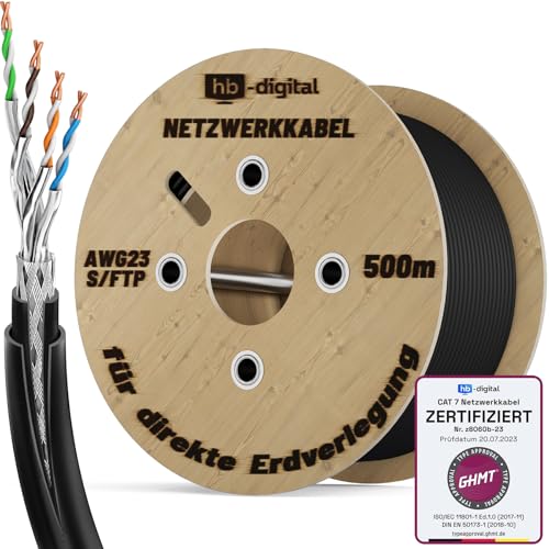 HB-DIGITAL 500m CAT 7 Outdoor Netzwerkkabel für direkte Erdverlegung S/FTP AWG23/1 reines Kupfer Doppelmantel PVC + LLDPE UV wasserresistent PoE 10 Gbit/s Ethernet Kabel für Außenbereich - Schwarz von HB-DIGITAL