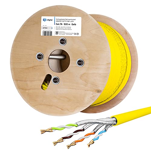 HB-DIGITAL 500m CAT.7a Netzwerkkabel LAN Kabel Verlegekabel AWG 23 Reines Kupfer S/FTP PiMF LSZH Halogenfrei RoHS-Compliant Ethernet Installationskabel Datenkabel PoE 10Gbit/s max. 1200MHz Gelb von HB-DIGITAL