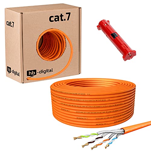 HB-DIGITAL 50m CAT.7 Netzwerkkabel LAN Kabel Verlegekabel AWG23 Reines Kupfer S/FTP PiMF LSZH Halogenfrei RoHS-Compliant Ethernet Installationskabel Datenkabel PoE 10Gbit/s max. 1000MHz + Abisolierer von HB-DIGITAL