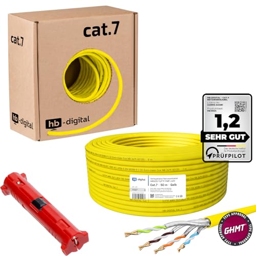 HB-DIGITAL 50m CAT.7 Netzwerkkabel LAN Kabel Verlegekabel AWG23 Reines Kupfer S/FTP PiMF LSZH Halogenfrei RoHS-Compliant Ethernet Installationskabel Datenkabel PoE 10Gbit/s max. 1000MHz + Abisolierer von HB-DIGITAL