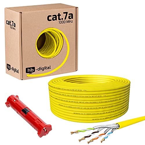 HB-DIGITAL 50m CAT.7a Netzwerkkabel Gelb Verlegekabel Ethernet LAN AWG23 Reines Kupfer S/FTP PiMF LSZH Halogenfrei RoHS-Compliant Installation Datenkabel PoE 10Gbit/s max. 1200MHz + Abisolierer von HB-DIGITAL