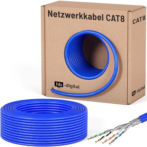 HB-DIGITAL 50m Cat 8.1 Netzwerkkabel Verlegekabel Installationskabel Datenkabel Ethernet LAN Kabel Cat.8 bis zu 40 Gbit/s Kupfer S/FTP 2000 MHz PIMF LSZH Cat8 Halogenfrei RoHS-Compliant AWG 22/1 blau von HB-DIGITAL