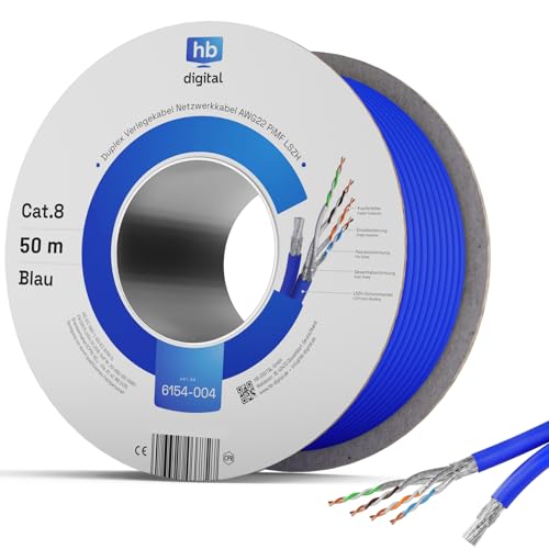 HB-DIGITAL 50m DUPLEX Cat 8.1 Netzwerkkabel Verlegekabel Installationskabel Datenkabel Ethernet LAN Cat.8 40 Gbit/s Kupfer S/FTP 2000 MHz PIMF LSZH Cat8 Halogenfrei RoHS-Compliant AWG 22/1 blau von HB-DIGITAL