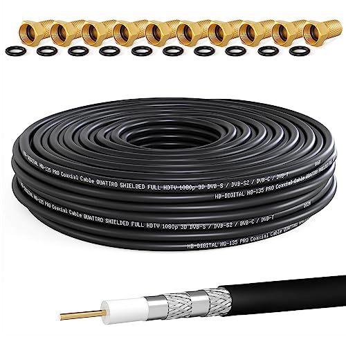 HB-DIGITAL 50m Koaxialkabel HQ-135 Antennenkabel 135dB SAT Kabel 8K 4K UHD 4-Fach geschirmt für DVB-S / S2 DVB-C / C2 DVB-T / T2 DAB+ Radio BK Anlagen + 10 F-Stecker GRATIS von HB-DIGITAL