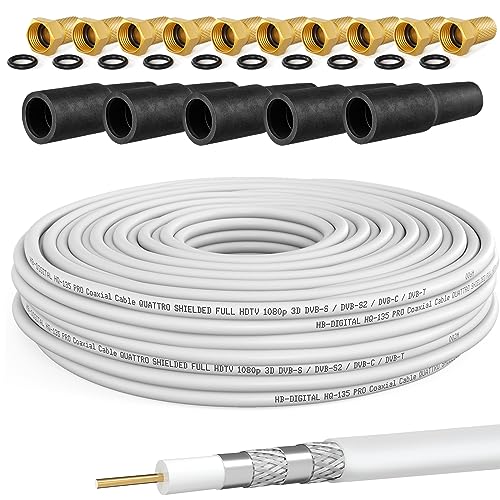 HB-DIGITAL 50m Koaxialkabel SAT HQ135 PRO inkl. 5X Gummitüllen + 10X F-Stecker vergoldet GRATIS dazu | Satellit Antennenkabel 4-Fach geschirmt | für DVB-S/S2 DVB-C/C2 DVB-T/T2 DAB+ Radio BK Anlagen von HB-DIGITAL