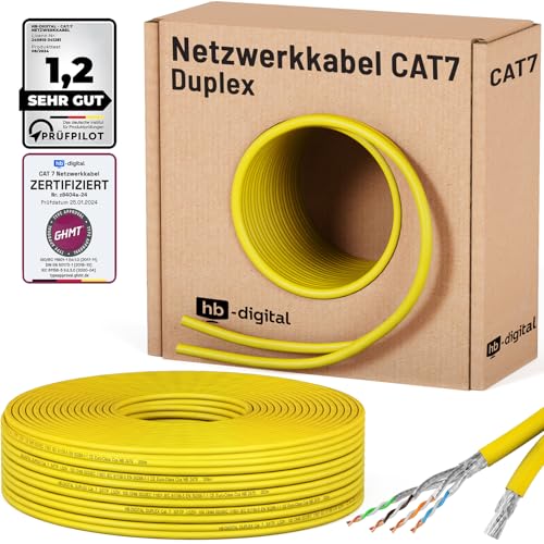 HB-DIGITAL 50m Netzwerkkabel LAN Duplex Verlegekabel Cabel cat.7 max. 1000MHz Reines Kupfer S/FTP PIMF LSZH Halogenfrei gelb RoHS-Compliant AWG23 (2 verbundene Strängen) GHMT Zertifiziert von HB-DIGITAL