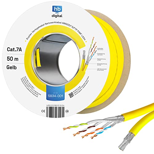 HB-DIGITAL 50m Netzwerkkabel LAN Duplex Verlegekabel Cabel cat.7a max. 1200MHz Reines Kupfer S/FTP PIMF LSZH Halogenfrei RoHS-Compliant AWG23 (2 verbundene Strängen) Gelb von HB-DIGITAL