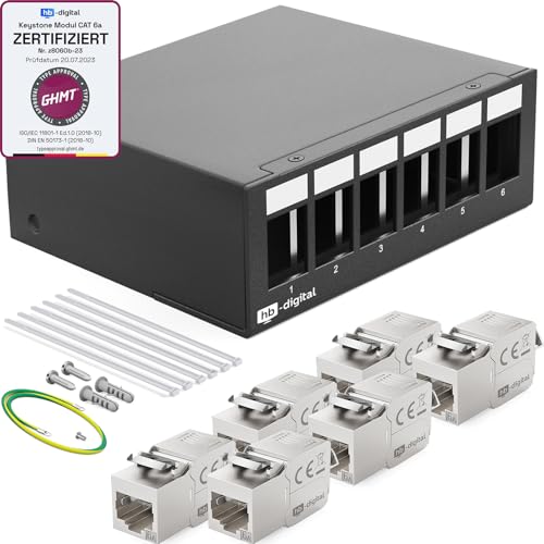 HB-DIGITAL 6-Port Patchpanel Patchfeld Verteilerfeld 1 HE 6x CAT 6a RJ45 Keystone Jack Modul - GHMT Zertifiziert - vollgeschirmt STP 10 Gbps Kompatibel mit Verlegekabel Netzwerkkabel LAN - Schwarz von HB-DIGITAL