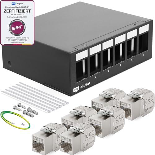 HB-DIGITAL 6-Port Patchpanel Patchfeld Verteilerfeld 1 HE 6x CAT 8 RJ45 Keystone Jack Modul - GHMT Zertifiziert - vollgeschirmt STP 40 Gbps Kompatibel mit Verlegekabel Netzwerkkabel LAN - Schwarz von HB-DIGITAL