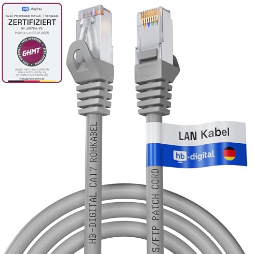 HB-DIGITAL 7,5m LAN Kabel RJ45 Patchkabel mit CAT 7 Rohkabel S/FTP - GHMT zertifiziert - 10 Gigabit Ethernet Netzwerkkabel Kupfer Profi PiMF für Patchpanel Switch PC Router - Grau HB-DIGITAL 7,5m LAN Kabel RJ45 Patchkabel mit CAT 7 Rohkabel S/FTP - GHMT zertifiziert - 10 Gigabit Ethernet Netzwerkkabel Kupfer Profi PiMF für Patchpanel Switch PC Router - Grau von HB-DIGITAL