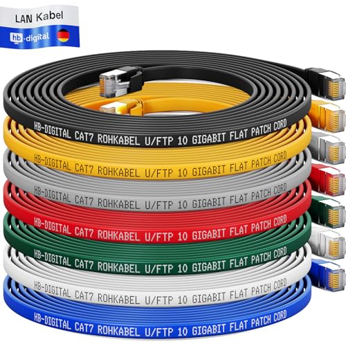 HB-DIGITAL 7x 0,5m LAN Kabel RJ45 Patchkabel mit CAT 7 Rohkabel U/FTP Flach – 10 Gigabit Ethernet Netzwerkkabel Kupfer Profi PiMF für Patchpanel Switch PC Router – Farben von HB-DIGITAL