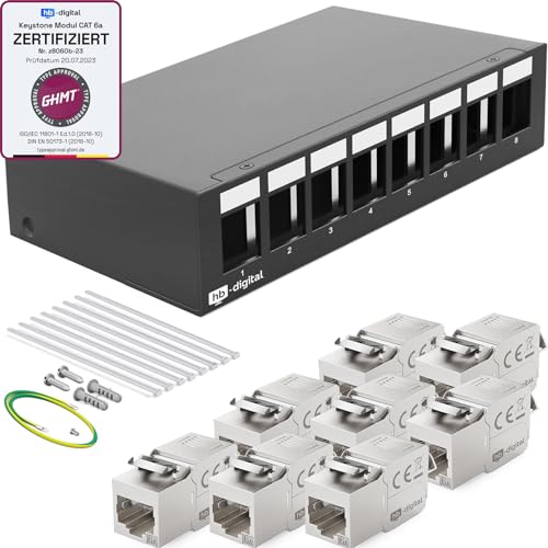 HB-DIGITAL 8-Port Patchpanel Patchfeld Verteilerfeld 1 HE 8x CAT 6a RJ45 Keystone Jack Modul - GHMT Zertifiziert - vollgeschirmt STP 10 Gbps Kompatibel mit Verlegekabel Netzwerkkabel LAN - Schwarz von HB-DIGITAL