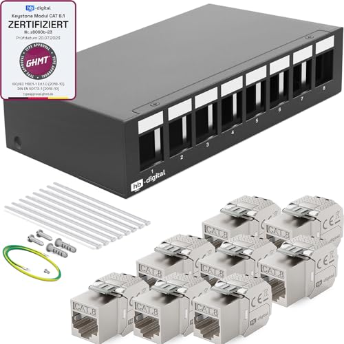 HB-DIGITAL 8-Port Patchpanel Patchfeld Verteilerfeld 1 HE 8x CAT 8 RJ45 Keystone Jack Modul - GHMT Zertifiziert - vollgeschirmt STP 40 Gbps Kompatibel mit Verlegekabel Netzwerkkabel LAN - Schwarz HB-DIGITAL 8-Port Patchpanel Patchfeld Verteilerfeld 1 HE 8x CAT 8 RJ45 Keystone Jack Modul - GHMT Zertifiziert - vollgeschirmt STP 40 Gbps Kompatibel mit Verlegekabel Netzwerkkabel LAN - Schwarz von HB-DIGITAL
