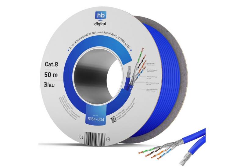 HB-DIGITAL Duplex CAT.8 Blau 50m Netzwerkkabel, Netzwerkstecker, (5000 cm), Duplex, Euro CPR Brandklasse: B2ca (s1a d1 a1) von HB-DIGITAL