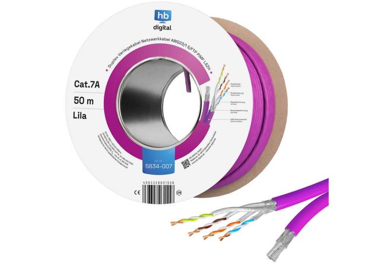 HB-DIGITAL Installationskabel CAT 7a Duplex Ethernet Kabel S/FTP AWG23 LSZH Netzwerkkabel, Netzwerkstecker, (50000 cm), Außenmantel Material: LSZH Halogenfrei von HB-DIGITAL